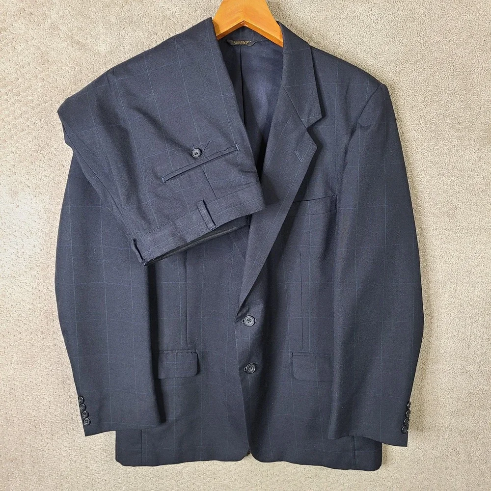 Vintage Farah Suit Mens 44L Blue Green Check‎ 2 Piece Wool Blend Pleated 36x28